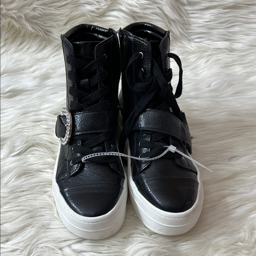 Gianni Bini Black High-Top Sneakers with Rhinestone Buckle - Picture 2 of 8